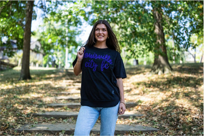 LouCity Women's Chenille Glitter Script Chelsea T-Shirt